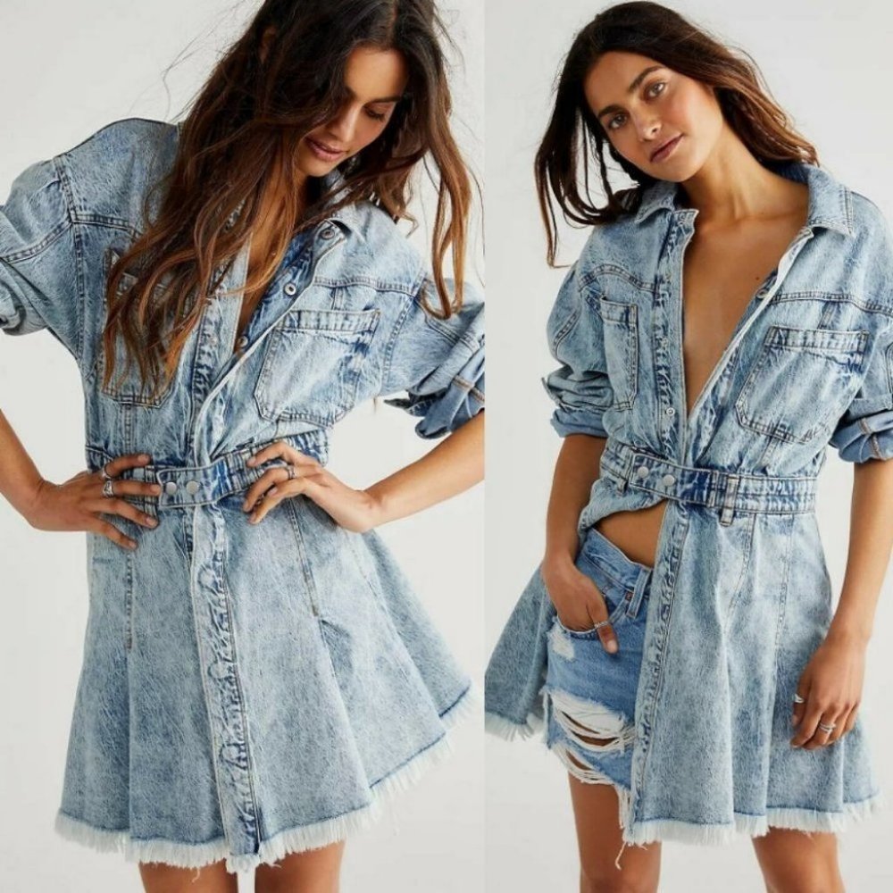 Free People Denim Dress Fringe Size Large Chain of Command Blue Jean Button Down - Picture 2 of 16